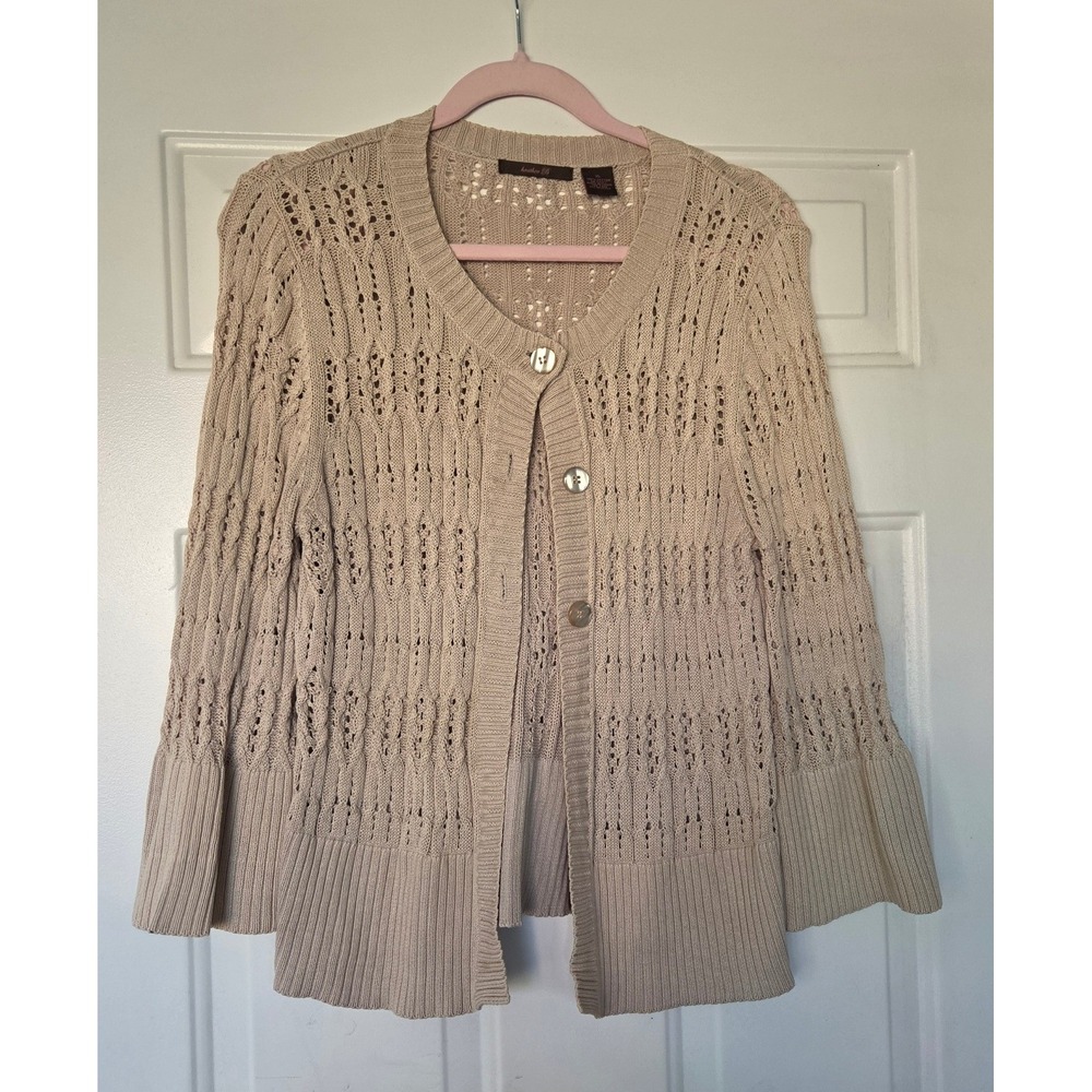 Heather B Tan Cotton Pointelle Knit Cardigan Bell Sleeve V-Neck Sweater XL